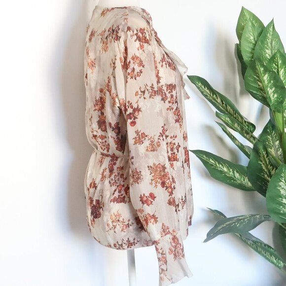 Peruvian Connection Beige Rusty Brown Floral Long Sleeve Ruffle Wrap Blouse Top - Picture 7 of 12